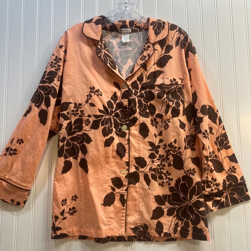 BedHead Pajamas Womens Large Peach Brown Floral Cotton Button Down Pajama Set - Picture 2 of 13